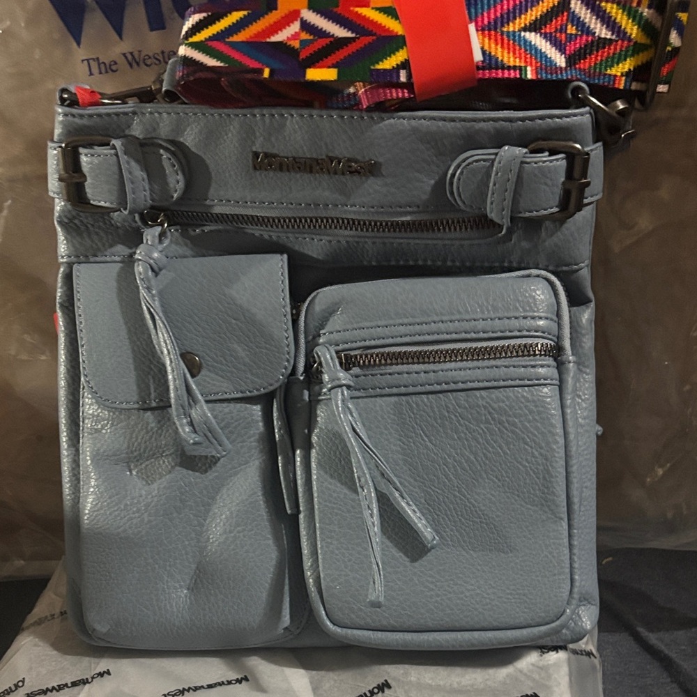 Montana West Light Blue Crossbody Bag with Colorful Strap